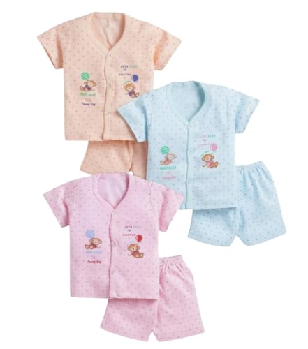 Image of BONUM Baby's Boy's Girl's 100% Cotton Button Shirt with Pyjama Pant Set of 3 New Born Baby Clothes