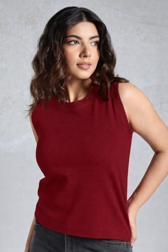 Image of Women's Black Ribbed Sleeveless Tank Top, Round Neck, Casual Everyday Wear