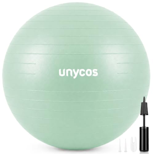 unycos - Pelota de Pilates, Gimnasia, Yoga, Fitness y Embarazo, Fitball Antideslizante y Anti-Burst【55 cm】de PVC Extra Grueso, Resistencia de 300 kg, Incluye Hinchador (Verde con Logo)