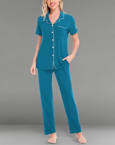 Image of SWOMOG Women Pajama Sets Two-Piece Nightwear Short Sleeve Sleepwear Button Down Pj Lounge Sets with Long Pants