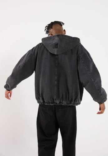 Oversized Black Denim Hooded Jacket for Unisex, 100% Cotton with Faded Vintage Effects Zipper Jacket4