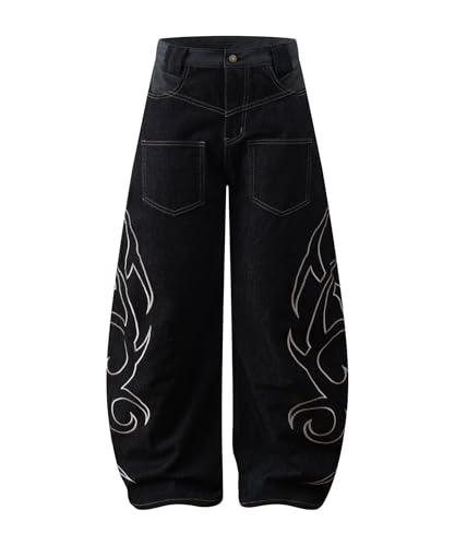 Unisex Vintage Embroidered Barrel Wide Leg Jeans with Inside-Out Pockets Streetwear Denim Pants