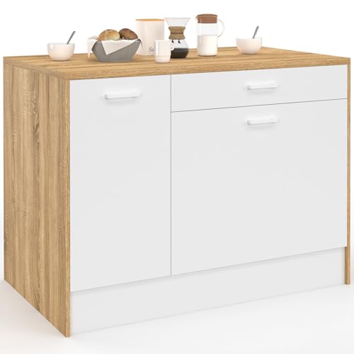 IDMarket - Ilot Central LIO Maxi capacité de Rangement Bois et Blanc