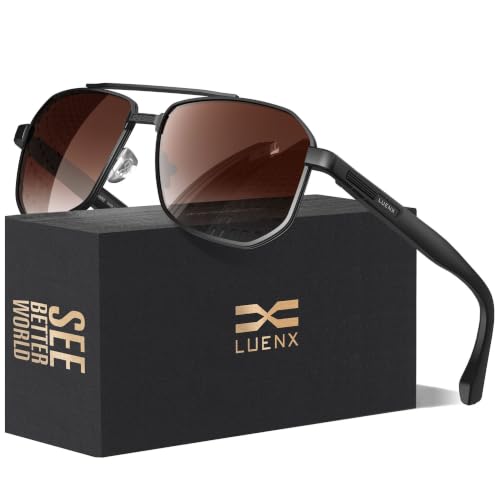 Image of Luenx Aviator Polarized Sunglasses for Men: Square UV400 Driving | Big Head Fit,Adjustable Nose Pads,Lightweight,Anti-slip,Impact-resistant,Scratch-Resistant,Glare Reduction,Gift-Ready Set