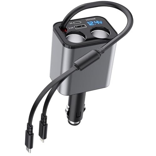 Retractable Car Charger 4 in 1 Fast Car Charger,159w Super Fast Car Charger with Fast USB C Car Charger and Retractable iPhone Car Charger Cable (Max 31.4 in) Compatible with iPhone,Galaxy,Pixel