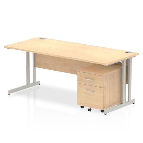 Mr Office Impulse Straight Desk, Silver Cantilever Leg - With 2 Drawer Mobile Pedestal, Maple, 1800