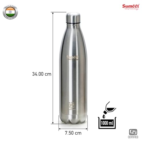 Image of Sumeet Thermo1000 Stainless Steel 24 Hours Hot & Cold ISI Certified Double Walled Leak Proof Vacuum Flask /Water Bottle 1000ml (1 Liter) for Office /School /College /Gym /Picnic /Home /Trekking, Silver