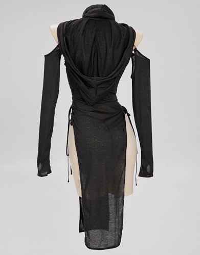 MEOWCOS Women's Bodycon Dress Gothic Ninja Style Lace up Slit Dress and Hooded Top Black3