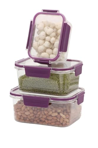 Image of Storescent Airtight Fridge Storage Containers Set of 3 | BPA-Free Plastic Kitchen Boxes for Pulses, Grains, Cereals, Dry Fruits | Pantry Organizer | 300ml, 800ml, 1200ml (Purple (Set of 3))