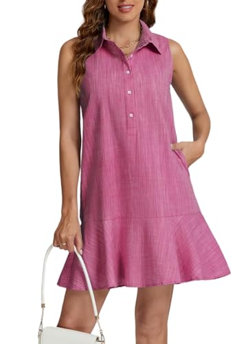 Image of Women Sleeveless Mini Dress Button Down Shirt Dress V Neck Reffle Hem Cotton Linen Tunic Short Dress