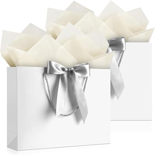 Image of JMANNI White Gift Bags with Handles, 13 inch Medium Gift Bag for Presents, 2 Pcs Bags with 4 Tissue Paper and 2 Cards for Baby Shower Wedding Bridal Shower Mother's Day Birthday Party (white)