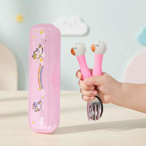 Image of Hian 304 Stainless Steel Kids Spoon & Fork Set - Safe Rounded Edges, Cute Design Easy-Grip Handles, Durable Children's Cutlery with Carry Case, Pack of 2 (Pink)