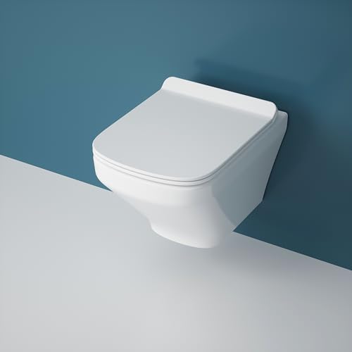 Durovin Compact Wall Hung Toilet, D Shape, Rimless, Includes WC Pan and Soft Close Seat