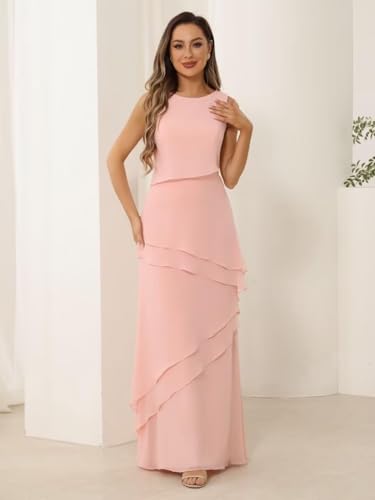 Women’s 2 Pieces Chiffon Mother of The Bride Dress with Long Sleeve Jacket Long Formal Dress with Ruffles LN184