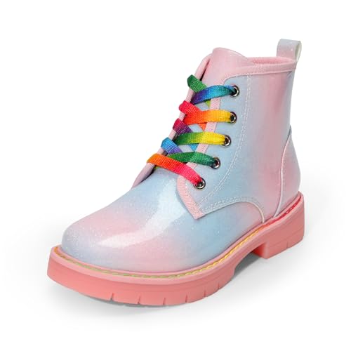 DREAM PAIRS Girls Boys Glitter Ankle Boots Side Zipper Combat Shoes with Lace Up for Toddler/Little Kid/Big Kid 9 Toddler Rainbow/Pink