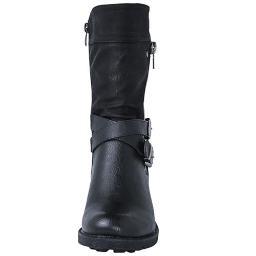 GLOBALWIN Women's Mid-Calf Boots Round Toe Zip-Up Slouch Booties with Buckle Strap Casual Spring Fall Winter Black Boots For Women With low Heel Comfortable For Walking Size 6.5M - image 5