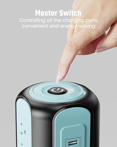 Power Strip Tower Surge Protector, SUPERDANNY Desktop Charging Station, 10 Ft Extension Cord, 9 Outlets, 4 USB Ports, 1080 Joules, 3-Prong, Grounded, Multiple Protections for Home, Office, Blue