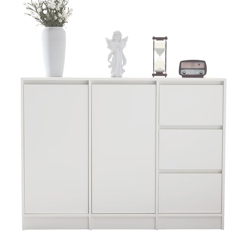 Cómoda blanca con 3 cajones y dos puertas, gran cómoda espaciosa con cajones, aparador con un estante ajustable, armario de cocina para salón, dormitorio y cocina, 120 x 90 x 35 cm