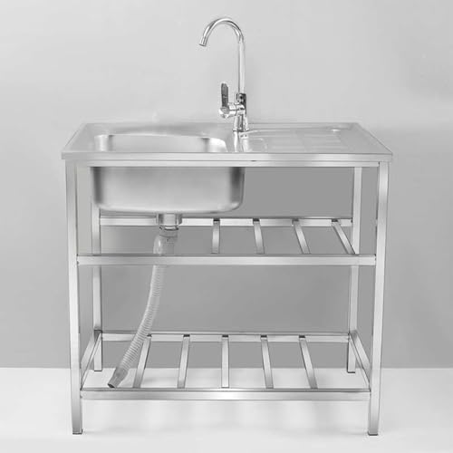 HPIRFYE Lavello Cucina in Acciaio Inox con Rubinetto e Banco da Lavoro, Lavandino Professionale Autoportante per Ristorante, Garage, Lavanderia e Giardino, Facile da Installare e Pulire