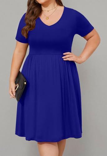 Image of DB MOON Women Plus Size Dresses 2026 Summer Casual V Neck Short Sleeve Knee Length Dress with Pockets