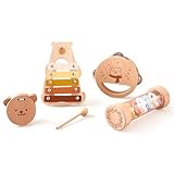 Wooden Teether 楽器 おもちゃ 音楽啓蒙 4点セット ガラガラ 木のおもちゃ モンテッソーリ音楽おもちゃ 木琴 カスタネット タンバリン レインボーメーカー 幼児用 知育玩具 打楽器 １歳 ２歳 誕生日 出産祝い