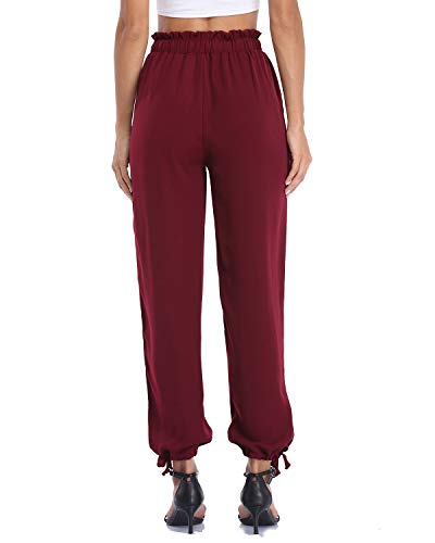 andy & natalie Women\'s Elastic Waist Cargo Drawstring Pants Paper Bag Pockets Ankle Tie Jogger Sweatpants Trouser Wine Red