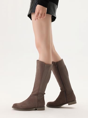 Image of Shoe'N Tale Women's Knee High Boots Flat Low Heel Stretchy Round Toe with Side Zipper