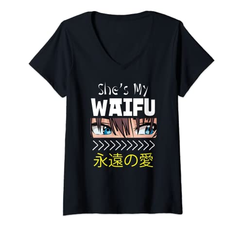 Womens She's My Waifu He's My Senpai Anime Manga Couples Matching V-Neck T-Shirt