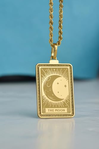 Pendentif lune gravée rectangle argent plaqué or avec chaîne 45cm mixte - 3