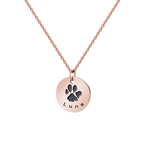 JoycuFF Luna Pet Memorial Name Necklace Personalized Rose Gold Dog Pawprint Necklace Sympathy Gifts for a Grieving Pet Owner Remembrance Jewelry for Pet Lovers