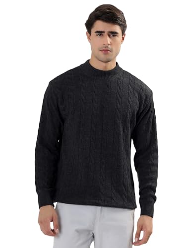 Image of Kvetoo Men's High Neck Cable Knit Sweater | Winter Pullover | Warm Wool Blend |Casual Full Sleeve Sweater for Men | Stylish Ribbed Neck Slim Fit Winterwear