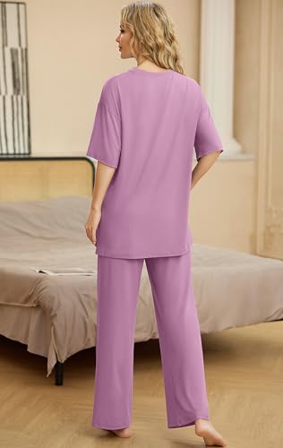 Image of PrinStory Womens Pajamas Sets 2 Piece Lounge Set Short Sleeve Tops and Long Pants Soft Pjs Loungewear with Pockets