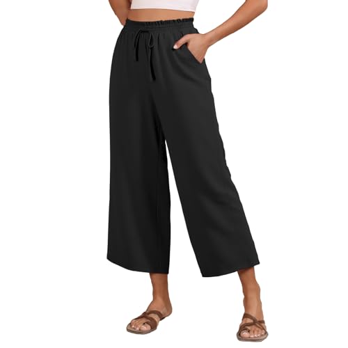 Women's Capri Pants Wide Leg High Waisted Casual Lounge Pant Loose Drawstring Beach Palazzo Trousers with Pockets3
