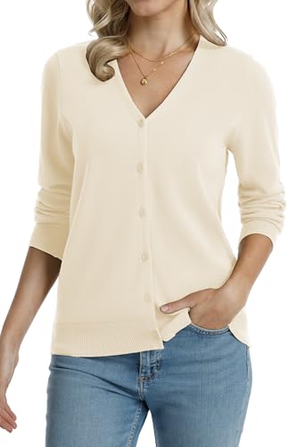 Image of QUALFORT Women's 100% Cotton Lightweight Cardigans Long Sleeve Knitted Button Down Sweater