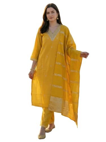 Image of INDO ERA Solid Straight Pure Cotton Kurta with Pant & Dupatta Set for Women