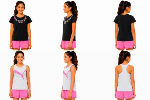 Image of PUMA Girls Active Shorts Set - 3 Piece Performance T-Shirt, Tank Top, Gym Shorts - Summer Athletic Outfit for Girls (7-14)