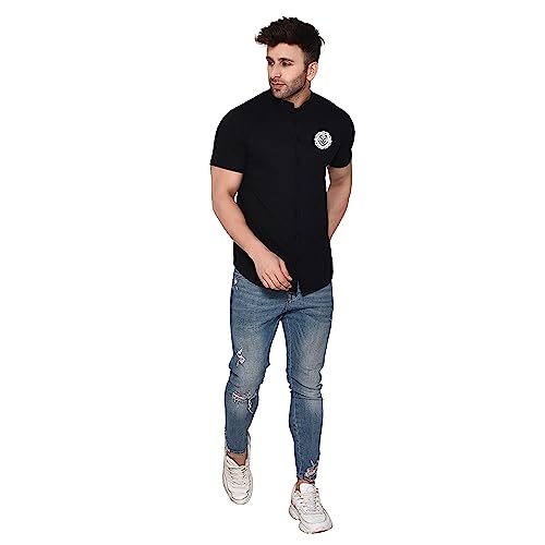 Image of Geum Men's Mandarin Collar Shirt with Graphic Print| Short Sleeve Cotton Blend Slim Fit Casual Shirt for Men
