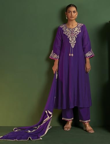 Image of Arangya Chanderi Embroidere Kurta Set with Dupatta for Women l Elegant Ethnic Wear with Intricate Neck Work Festive Suit