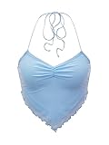 Floerns Women's Ruched Sleeveless Halter Neck Tie Back Hanky Hem Crop Cami Top Light Blue S