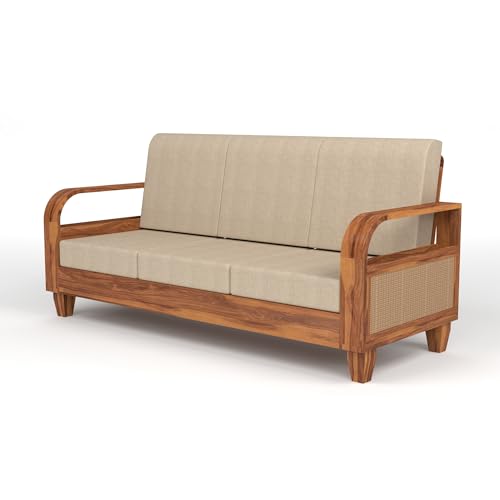 Image of KINGS HOME FURNITURE Sheesham Wooden 7 Seater Sofa for Living Room | Solid Wood Sofa with Rattan Cane Side Rack | Rosewood Sofa Set for Home & Office | Lounge (Honey, 3+2+2 Seater)