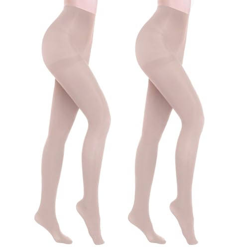 HA WA 2 Pairs Women's Opaque Nude Tights, 40D Control Top Nylon Pantyhose Sheer Stockings for Women