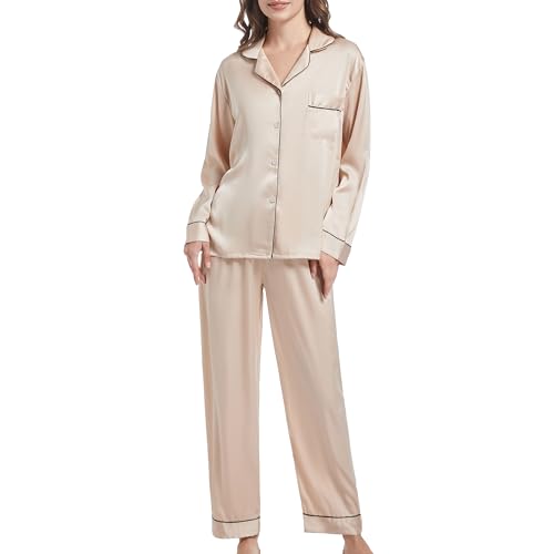 ✨ Design classico: Pigiama Seta Lungo da Donna stile classico della blusa con abbottonatura, maniche lunghe, tasca sul petto, cuciture colorate a contrasto e scollo a V garantisce eleganza e comfort. L'elastico in vita assicura una vestibilità comoda per tutta la notte, perfetta per rilassarsi a casa o per un sonno ristoratore.
