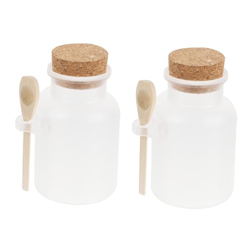 WEKADRIN 2 piezas Botellas de Envase para Sal de Baño y Polvo de Mascarilla de Abs Mate con Tapa de Corcho y Cuchara Almacenamiento Seguro y Reutilizable para Cosméticos y Baño