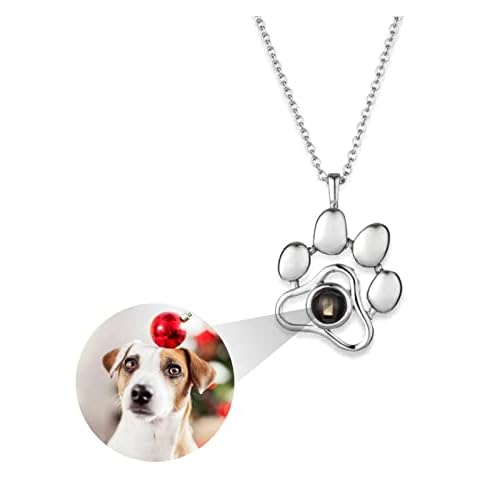 Projection Necklace Personalized Photo, Custom Picture Pet Paw Print Pendant Necklaces, Customised Pet Dog or Cat Memorial Necklace Christmas Birthday Gifts for Women Girls Lover (Silver) Cover