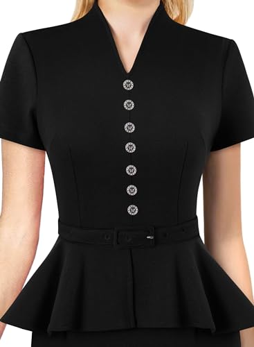 VFSHOW Womens V Neck Belted Peplum Button Office Business Work Vintage Cocktail Church Slim Fit Pencil Sheath Dress3