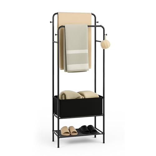 PTSUPLES Black - Asta appendiabiti nera e porta asciugamani in piedi – stabile, versatile per asciugamani/vestiti in dormitori, bagni e camere da letto