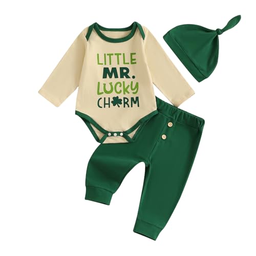 Kuriozud St Patricks Day Baby Boy Outfit First St Patricks Day Romper and Shamrock Pants Set with Hat 3Pcs Spring Clothes 3-6 Months Little MR. Lucky Charm