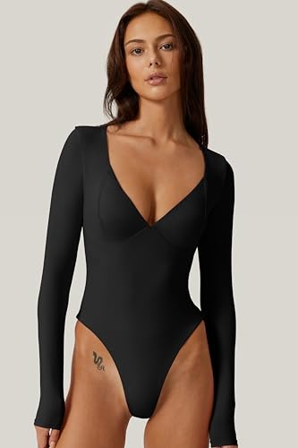 Image of QINSEN Women's Long Sleeve Bodysuit V Neck Body Suits Seamed Cup Going Out Tops Shirt