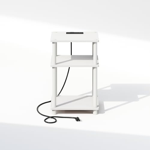 Image of Furinno JUST Night Stand, 3-Tier Turn-N-Tube Nightstand with Charging Station, Bedside Table, End Table, Side Table with USB and Type-C Port, for Bedroom, Closet, Dorm, White