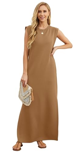 Image of GRECERELLE 2026 Women Year-Round Casual Round Neck Loose Split Wrinkle-Free Long Maxi Vacation Dress with Pockets (XXS-4XL)